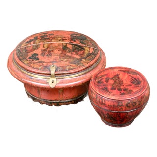 Antique Chinese Red Lacquered Covered Boxes—A Pair For Sale