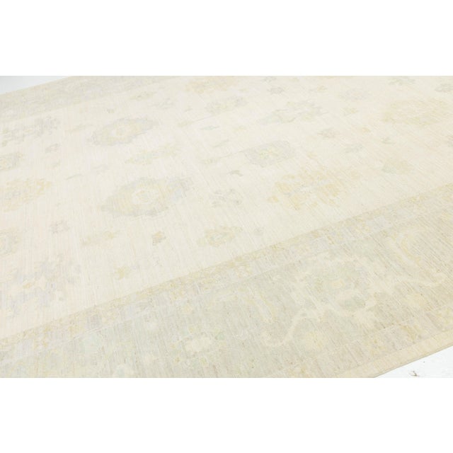 Modern Oushak Style Hand-Knotted Wool Area Rug – Ivory & Sage Transitional 12x15 For Sale - Image 4 of 11
