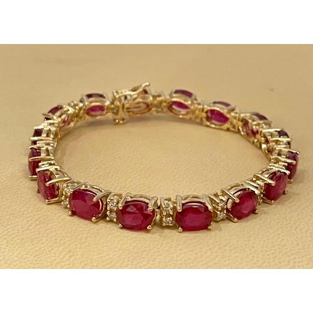 24 Carat Ruby & 1 Carat Diamond Affordable Tennis Bracelet 14 Karat Yellow Gold For Sale - Image 13 of 18