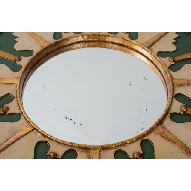 1950s Spanish Painted & Gold Gilt Wood Round Wall Mirror For Sale - Image 4 of 11