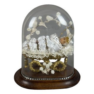 Vintage Mary Child in Bell Wax Golden Cradle with Wooden Base, 1950s For Sale