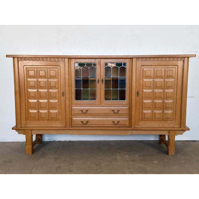 Mid-Century Modern Oak Credenza with Leaded Glass by Henning Kjærnulf, 1960s For Sale - Image 10 of 10