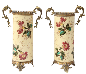 Yellow Ceramic & Bronze Vases with Floral Decor, 1930s, Set of 2