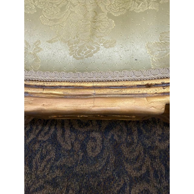 French-Style Giltwood Upholstered Curule Vanity Bench in Pale Gold Damask For Sale - Image 9 of 9