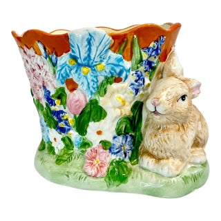 1980s Vintage Boho Chic Hollywood Regency Ceramic Bunny & Flora Planter For Sale