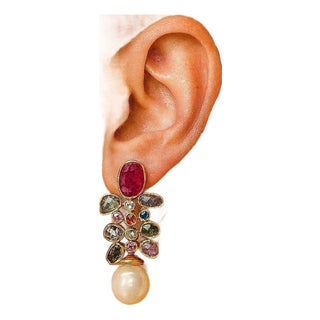 Bochic "Capri" Vintage Ruby & Rose Cut Sapphire Earrings Set 18K Gold & Silver For Sale