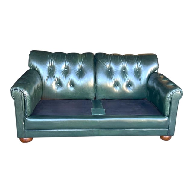 Vintage Dark Green Tufted Leather English Club Loveseat For Sale - Image 13 of 14