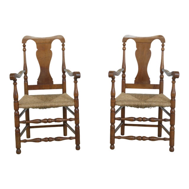 Wallace Nutting Signed Rush Seat Cherry Armchairs - a Pair For Sale