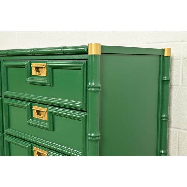 Mid-Century Hollywood Regency Campaign Green Lacquered Faux Bamboo Triple Dresser or Credenza by Stanley, Newly Refinished For Sale - Image 10 of 16