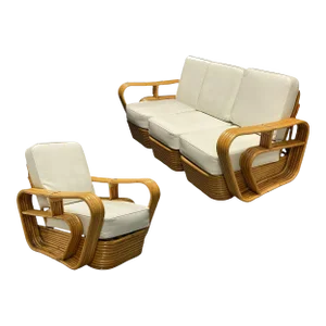 Restored 1950s 5-Strand Rattan "Double-Speed" Arm Sofa & Lounge Chair Living Room Set