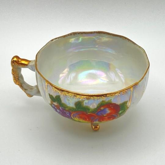 Mid 20th Century Pair of Kasuga Footed Iridescent Gilded Teacups (Handles, Fruit Design, Lusterware) Vintage For Sale - Image 5 of 16