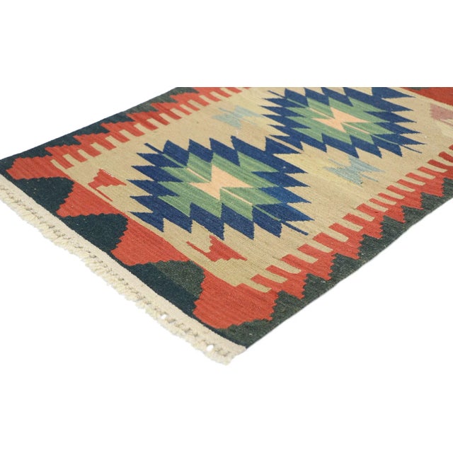 Vintage Persian Shiraz Kilim Rug with Bohemian Tribal Style 02'00 x 02'10. Full of tiny details and a bold expressive...