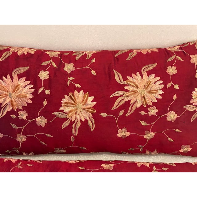1960s Antique Pair of Burgundy Silk Embroidered Pillows With Tassels Duck Geathers For Sale - Image 5 of 6