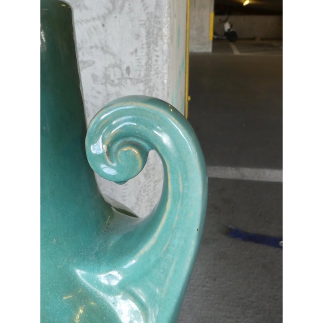 Art Deco Statuesque Turquoise Art Deco Period American Bat Wing Handle Vases - a Pair For Sale - Image 3 of 13