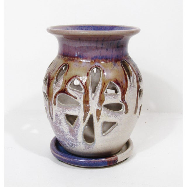 Signed Studio Pottery Pierced Luminary Candle Holder With Matching Dish For Sale - Image 4 of 13