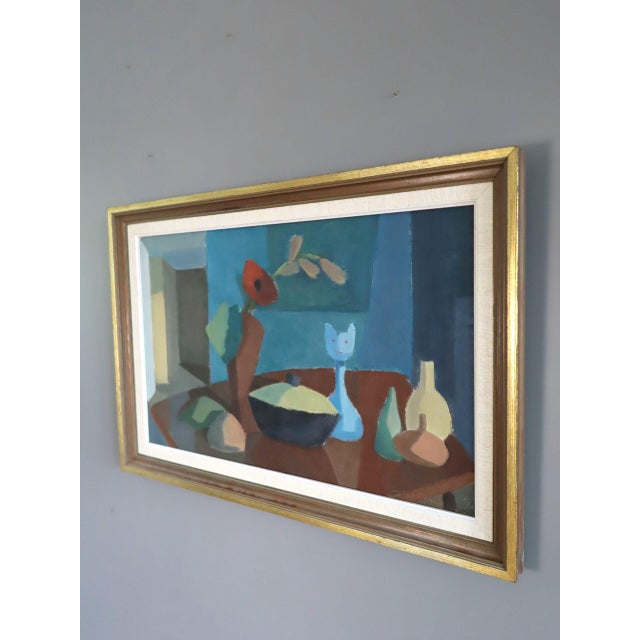 Mid-Century Modern 'Still Life With Cat Figurine' Vintage Swedish Original Geometric Interior Oil Painting, Framed For Sale - Image 4 of 10