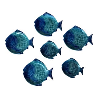 Vintage Portuguese Majolica Olfaire Fish Shaped Serving Dishes. Set of 6 For Sale
