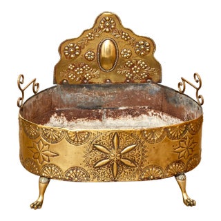 19th Century Continental Embossed Brass Jardiniere With Paw Feet For Sale