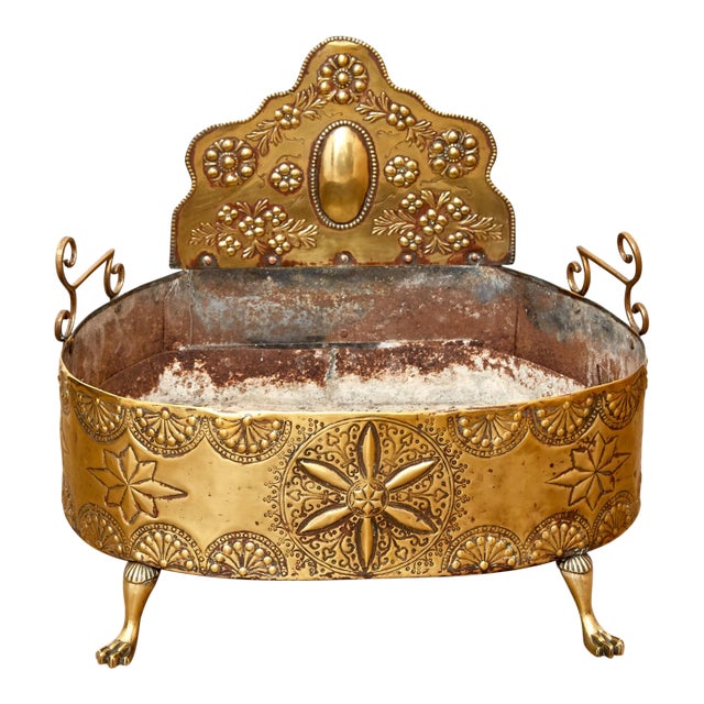 19th Century Continental Embossed Brass Jardiniere With Paw Feet For Sale
