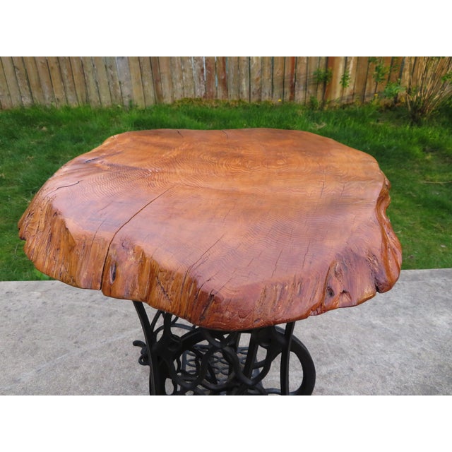 Antique Live Edge Cedar Wood Slab Side Table on Cast Iron Singer Treadle Base ~ Rustic Industrial Handmade Design For Sale - Image 10 of 15