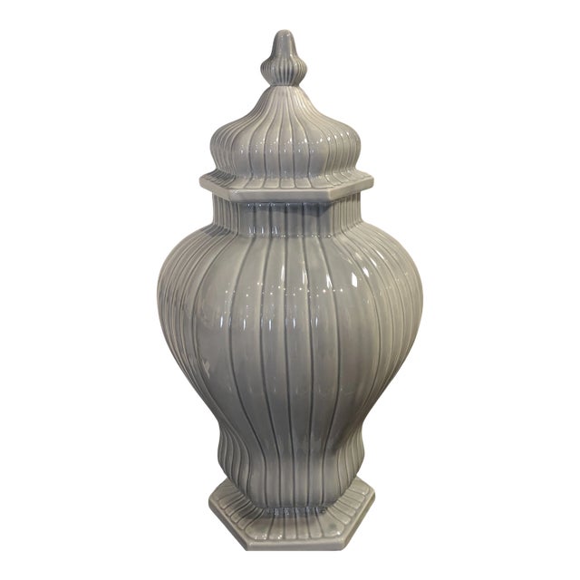 Vintage Italian Grey Ceramic Vase With Lid and Fluted Design For Sale