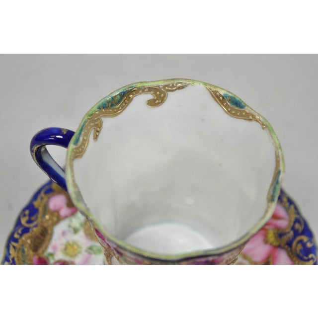 Antique Victorian Teacup & Saucer Cobalt Blue & Roses W/ Draped Gold Trim For Sale - Image 9 of 16