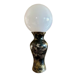 Large Late 19th Century Large Chinese Hand Painted Gilt Papier-Mâché Black Lacquer Vase Globe Table Lamp