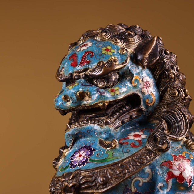 Late 20th Century Pair of Gilt Bronze Cloisonné Enamel Guardian Lion Figures on Stands For Sale - Image 9 of 9