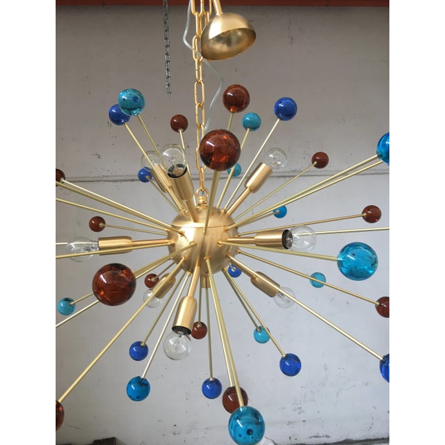Italian Murano Glass Sputnik Multicolors in Brushed Brass Chandelier For Sale - Image 12 of 13