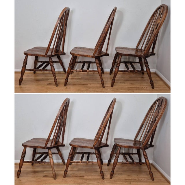 1940s h.w. Hull & Sons Oak Brace Back Windsor Dining Side Chairs W/ Carved Medallions, Set of 6 For Sale - Image 9 of 13