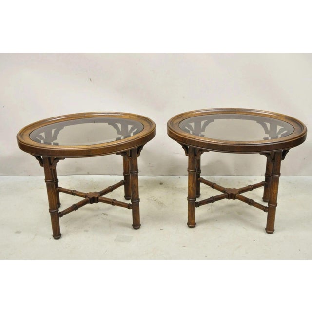 Vintage Chinese Chippendale Faux Bamboo Oval Small Glass Top Side End Table Pair For Sale - Image 11 of 11
