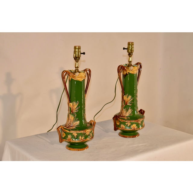 Late 19th Century 19th Century Art Nouveau Majolica Lamps - Pair For Sale - Image 5 of 14
