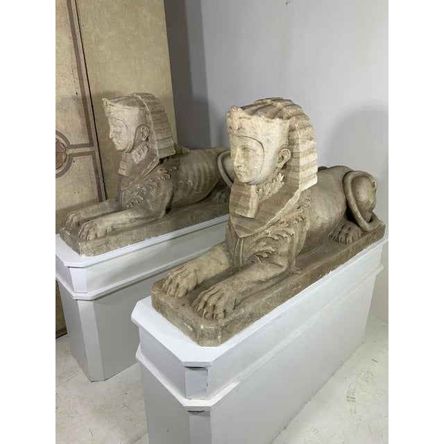Traditional Impressive Large Pair Antique Sphinxes of Weathered White Marble on Custom Wood Bases For Sale - Image 3 of 15