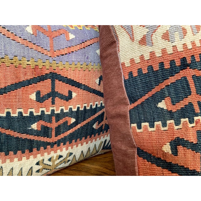 Textile Handwoven Antique Kilim Rug Pillows, Geometric Design, 20th Century For Sale - Image 7 of 9