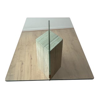 Stellar Vintage Italian Travertine Single Diamond Base Glass Dining Table For Sale
