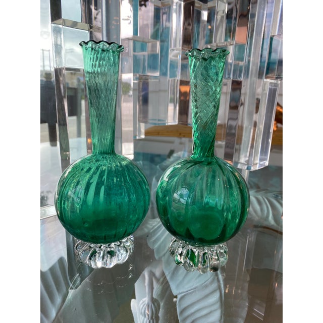 Lovely pair of vintage Murano bud vases in a beautiful emerald green color. No chips or breaks.