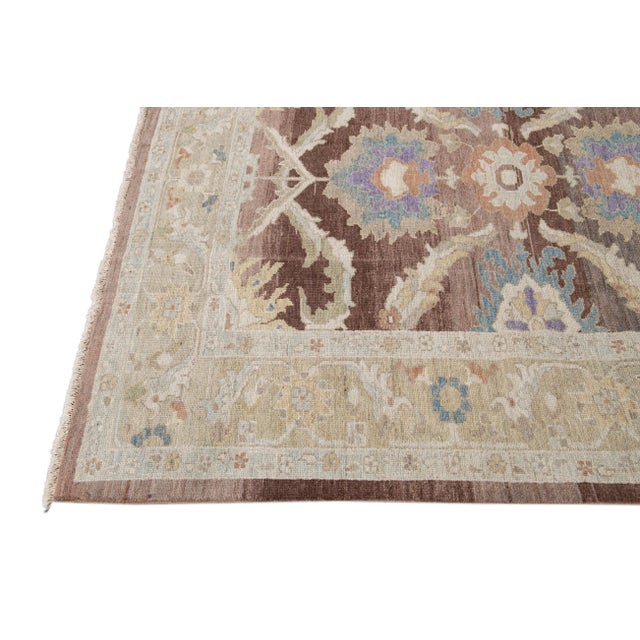 Brown Modern Floral Sultanabad Handmade Wool Rug For Sale - Image 4 of 9