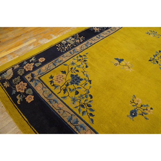 Goldenrod 1920s Antique Gold Background Floral Art Deco Knotted Wool Chinese Peking Rug For Sale - Image 8 of 12