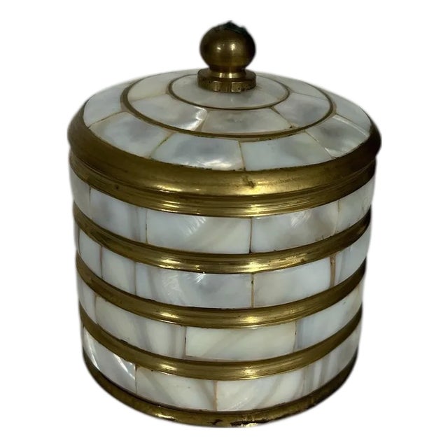 Vintage Mother of Pearl and Brass Trinket Box For Sale