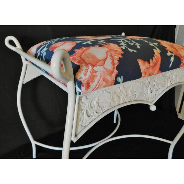 Vintage Mid Century White Iron Blue Coral Upholstered Vanity Stool Bench For Sale - Image 12 of 13