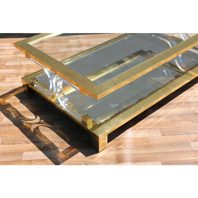 Vintage 1970s Hollywood Regency Brass Lucite & Glass Two-Tier Coffee Table For Sale - Image 14 of 18
