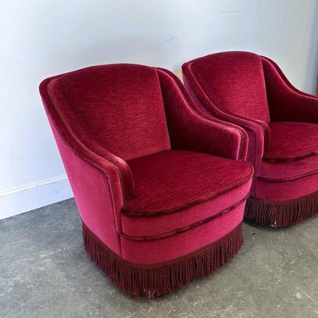 Vintage French Club Chairs in Red Velvet with Fringe Skirts, 1960s, Set of 2 For Sale - Image 9 of 14