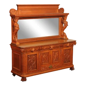 Antique Renaissance Revival Figural Carved Oak Mirrored Sideboard