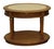 Oval shaped wooden side table with a white marble inset top. This piece is set on four column shaped legs. Good condition...