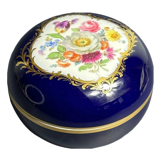 Cobalt Blue and Floral Lidded Porcelain Box from Meissen, 1924-1934 For Sale