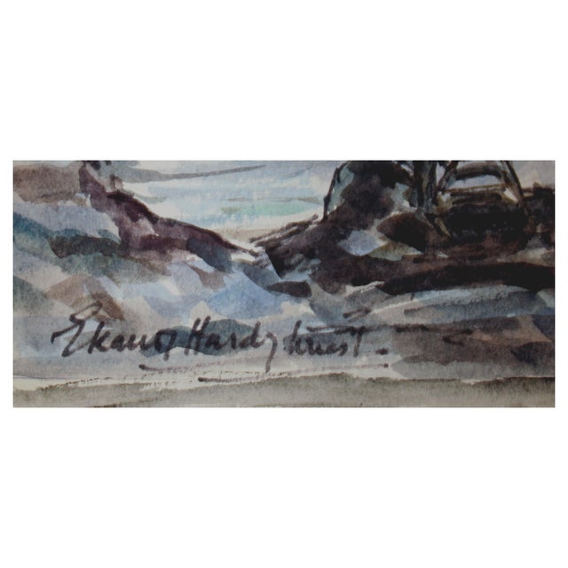 Fishing Boats at Shore, 1940's Alaskan Seascape Watercolor For Sale - Image 4 of 4