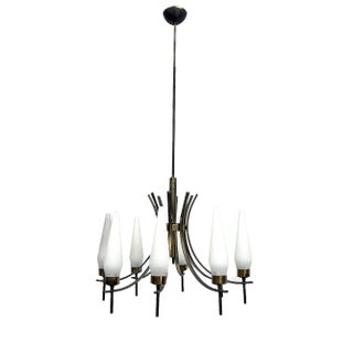 Mid-Century 8 Lights Brass and Opaline Glass Chandelier, Italy, 1950s For Sale