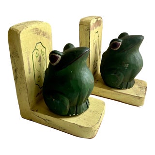 Vintage Children’s Wood Carved Frog Bookends - a Pair For Sale