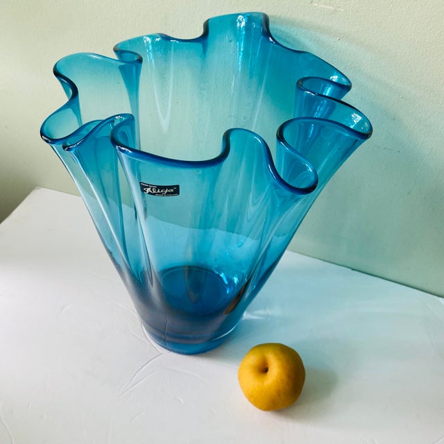 Large Vintage Alicja Blue Art Glass Handkerchief Vase, Made in Poland