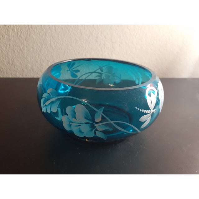 1960s Fenton Hand-Painted Blue Teal Rose Bowl For Sale - Image 10 of 10